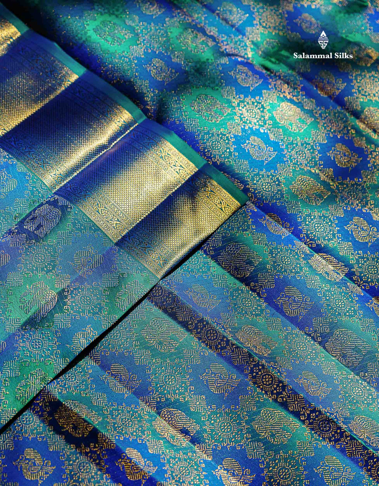 Beautiful Dual Tone Peacock Blue Elephant & Peacock Butta 2G Zari Bridal Pure Kanjivaram Silk Saree With Traditional Border