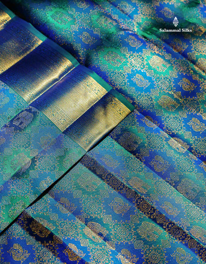Beautiful Dual Tone Peacock Blue Elephant & Peacock Butta 2G Zari Bridal Pure Kanjivaram Silk Saree With Traditional Border