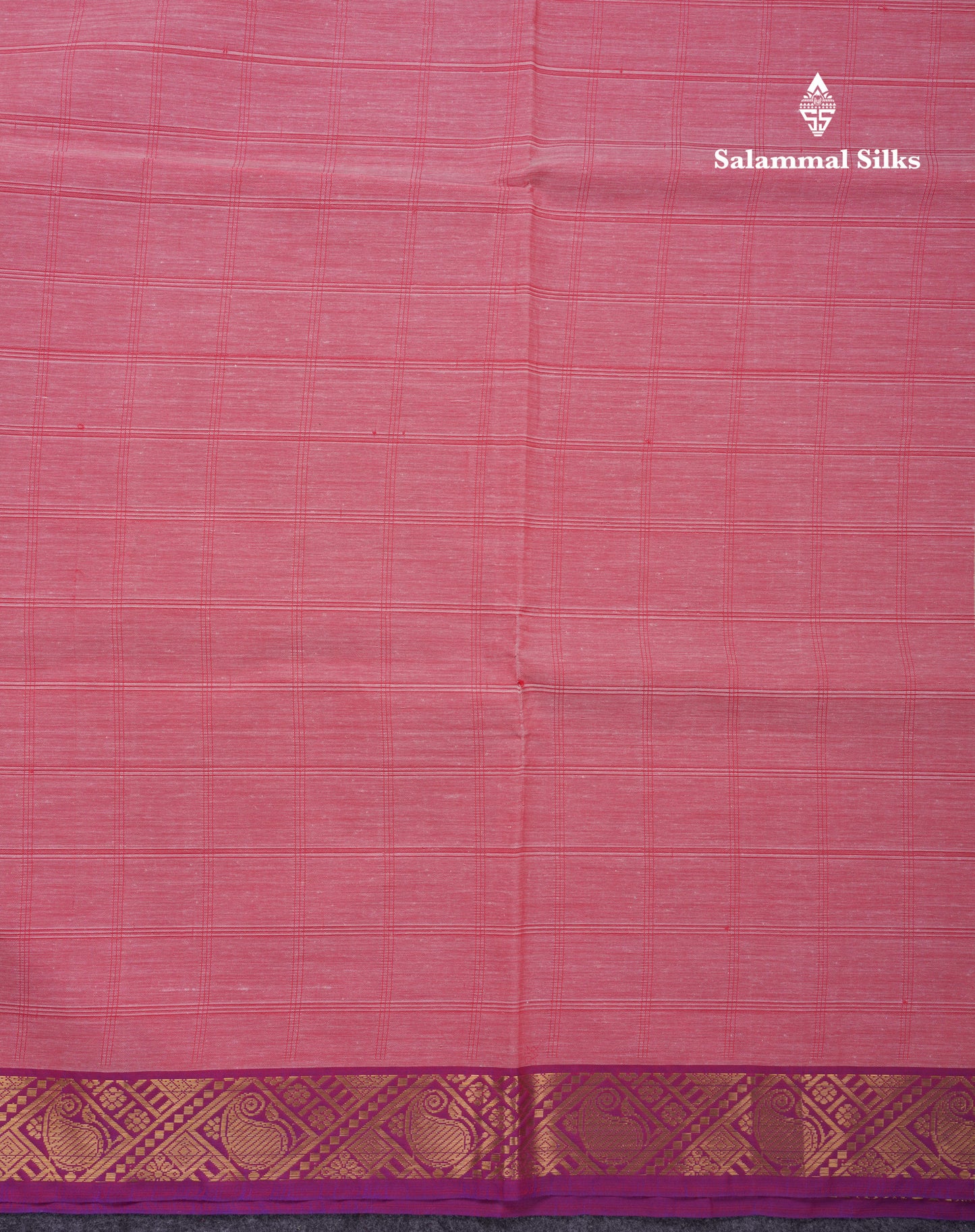 Beautiful Light Pink Thread Checks Pure Cotton Saree With Contrast Violet Border