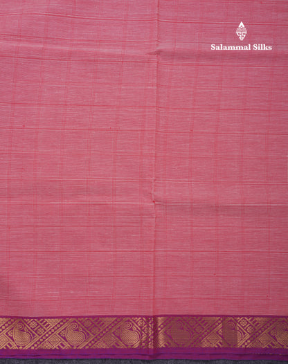 Beautiful Light Pink Thread Checks Pure Cotton Saree With Contrast Violet Border