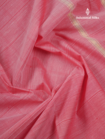 Beautiful Light Pink Thread Checks Pure Cotton Saree With Contrast Violet Border