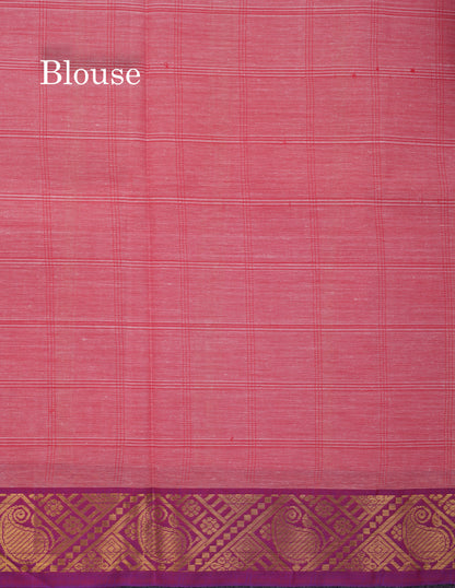 Beautiful Light Pink Thread Checks Pure Cotton Saree With Contrast Violet Border