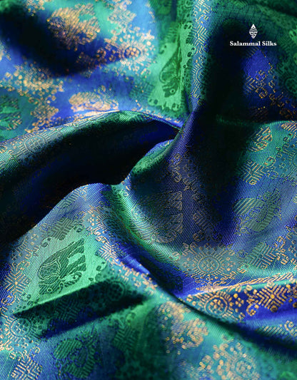 Beautiful Dual Tone Peacock Blue Elephant & Peacock Butta 2G Zari Bridal Pure Kanjivaram Silk Saree With Traditional Border