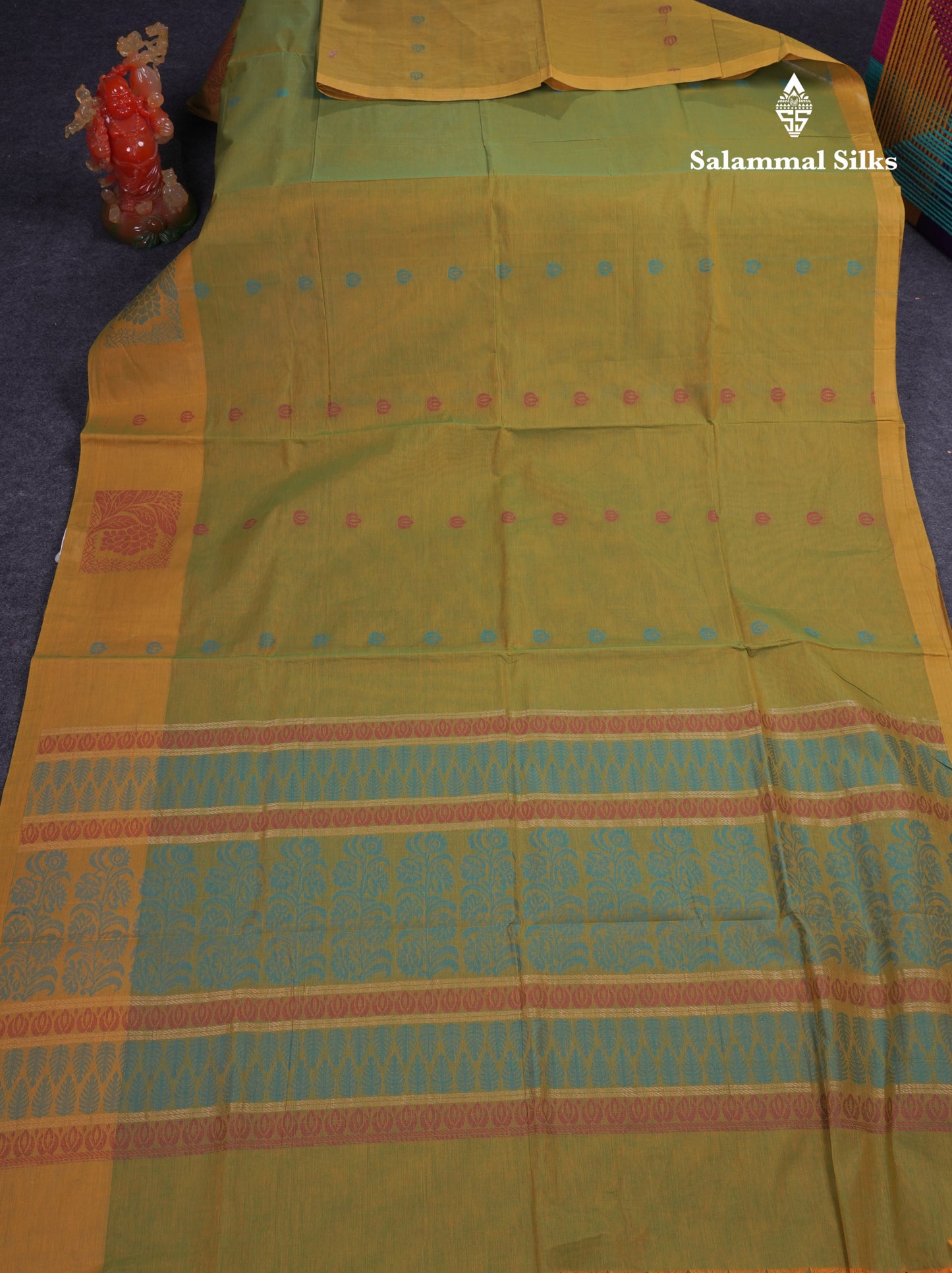 Beautiful Parrot Green Thread Work Buttas Pure Cotton Saree With Contrast Yellow Fancy Border