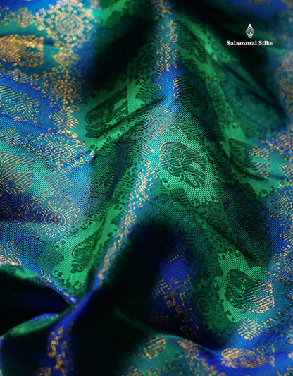 Beautiful Dual Tone Peacock Blue Elephant & Peacock Butta 2G Zari Bridal Pure Kanjivaram Silk Saree With Traditional Border