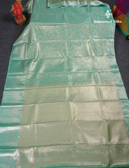 Beautiful Sapphire Green Tissue Semi Silk Saree With Contrast Light Rexona Traditional Evening Morning Border