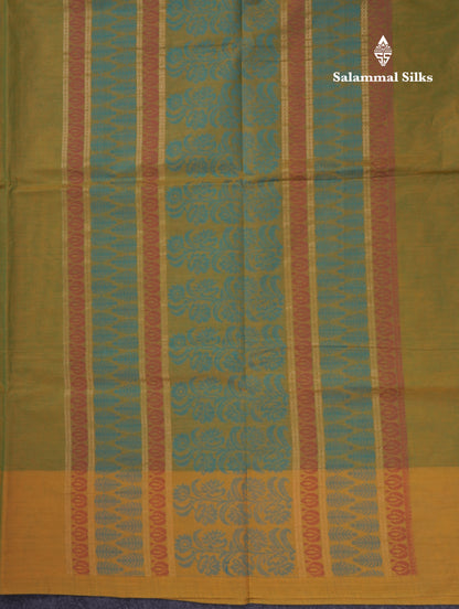 Beautiful Parrot Green Thread Work Buttas Pure Cotton Saree With Contrast Yellow Fancy Border
