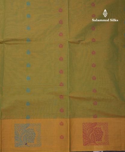 Beautiful Parrot Green Thread Work Buttas Pure Cotton Saree With Contrast Yellow Fancy Border