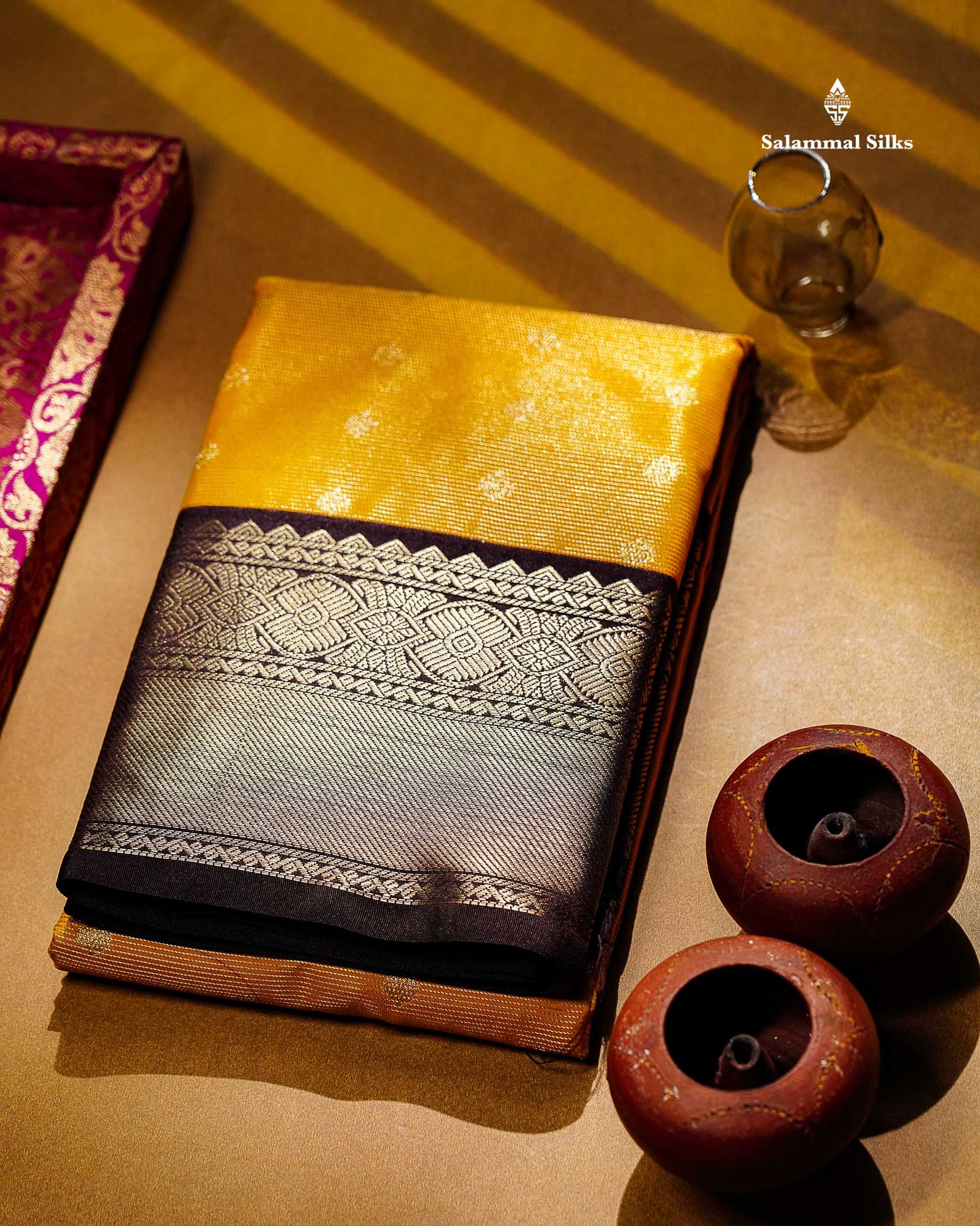 Semi Silk Saree - Mustard Yellow Butta With Vaira Oosi Lines Along With Contrast Dark Brown Traditional Border