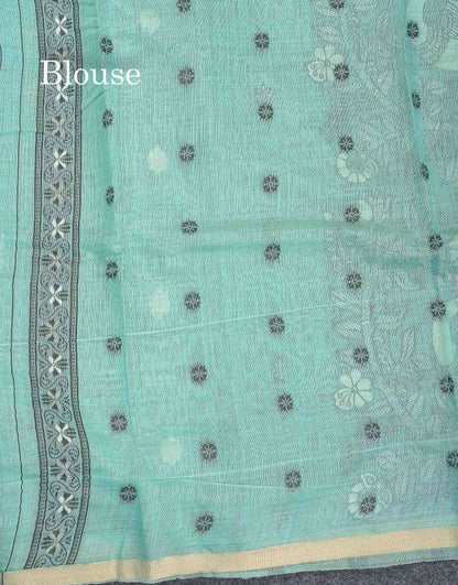 Cotton Mix Saree - Sea Blue Colour Body With Small Ribbon Border