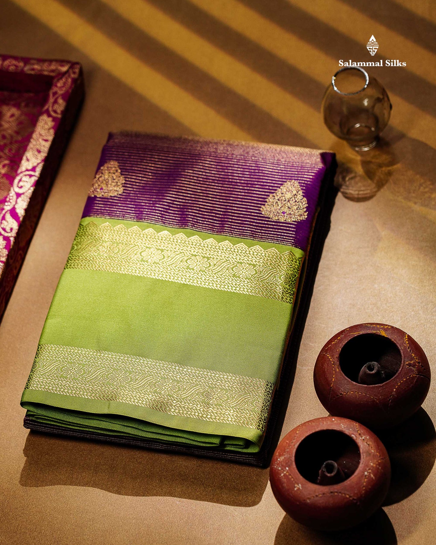 Magenta Alai Vaira Oosi Lines With Butta Semi Silk Saree With Contrast Parrot Green Traditional Gap Border