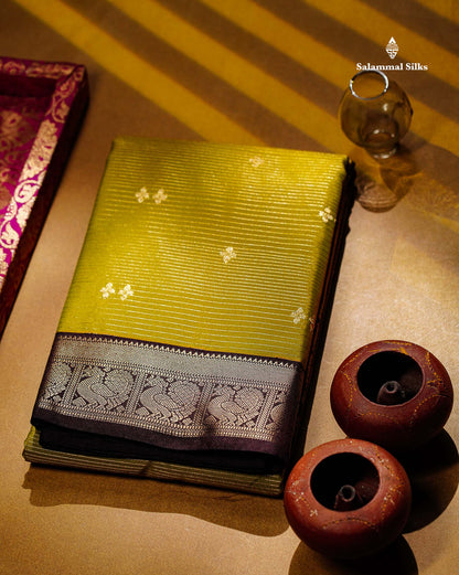 Semi Silk Saree -  Mehandi Green Butta With Vaira Oosi Lines Along With Contrast Dark Brown Small Traditional Border