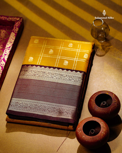 Semi Silk Saree - Mustard Yellow Mango Butta With Checks Along With Contrast Dark Brown Traditional Border