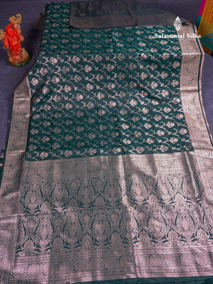 Beautiful Bottle Green Semi Banaras Saree With Fancy Border