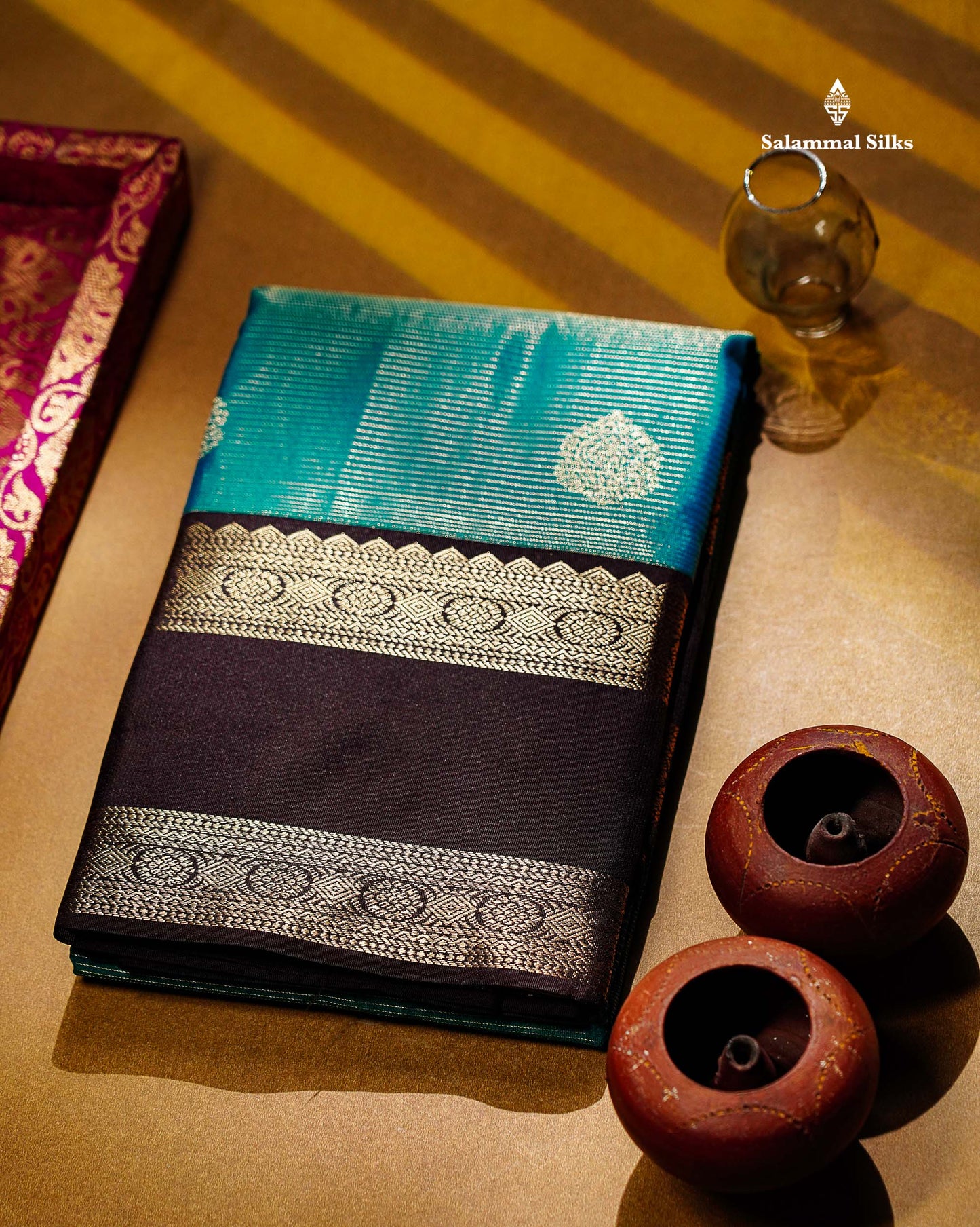 Peacock Blue Alai Vaira Oosi Lines With Butta Semi Silk Saree With Contrast Dark Brown Traditional Gap Border