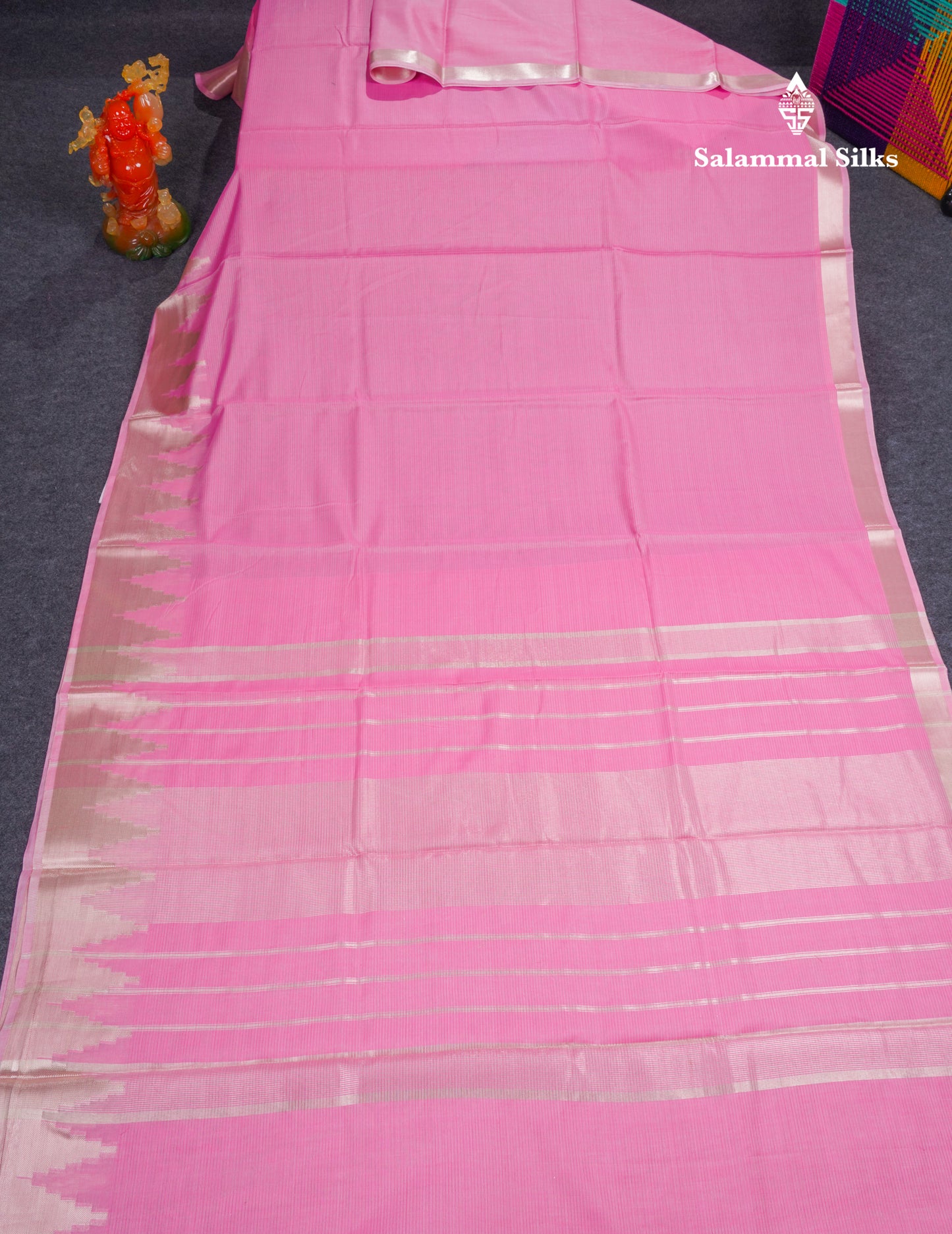 Light Pink Beautiful Horizontal Lines Cotton Mix Fancy Saree With Silver Zari Temple Border