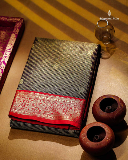 Semi Silk Saree - Snuff Brown Butta With Vaira Oosi Checks Along With Contrast Chilly Red Traditional Small Border