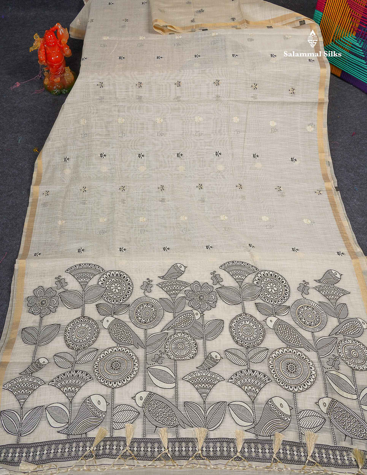 Cotton Mix Saree - Half White Colour Body With Small Ribbon Border 