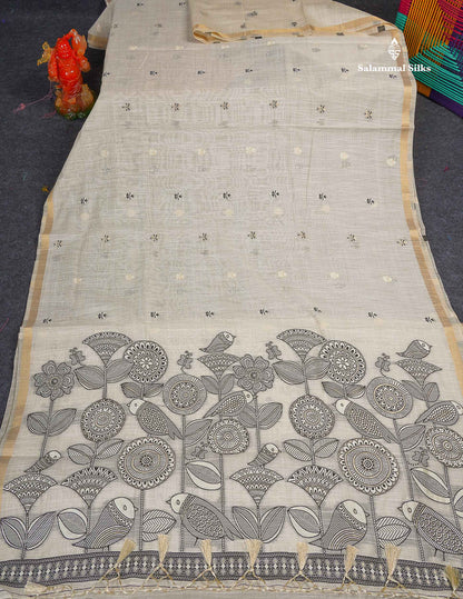 Cotton Mix Saree - Half White Colour Body With Small Ribbon Border 