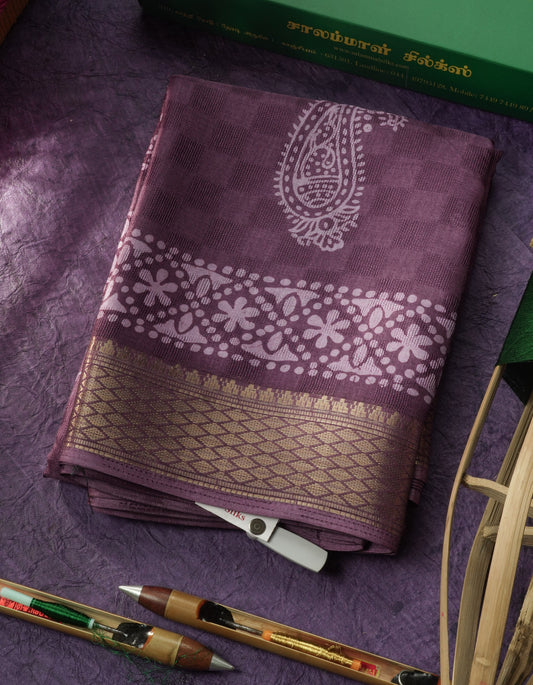 Pastel Violet Semi Dola Fancy Saree Printed Design With Traditional Zari Border