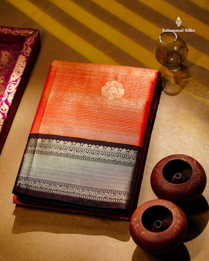Semi Silk Saree - Orange Butta With Alai Vaira Oosi Lines Along With Contrast Dark Brown Traditional Border