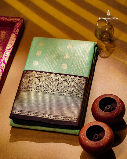 Semi Silk Saree - Light Pista Green Mango Butta With Checks Along With Contrast Dark Brown Traditional Gap Border