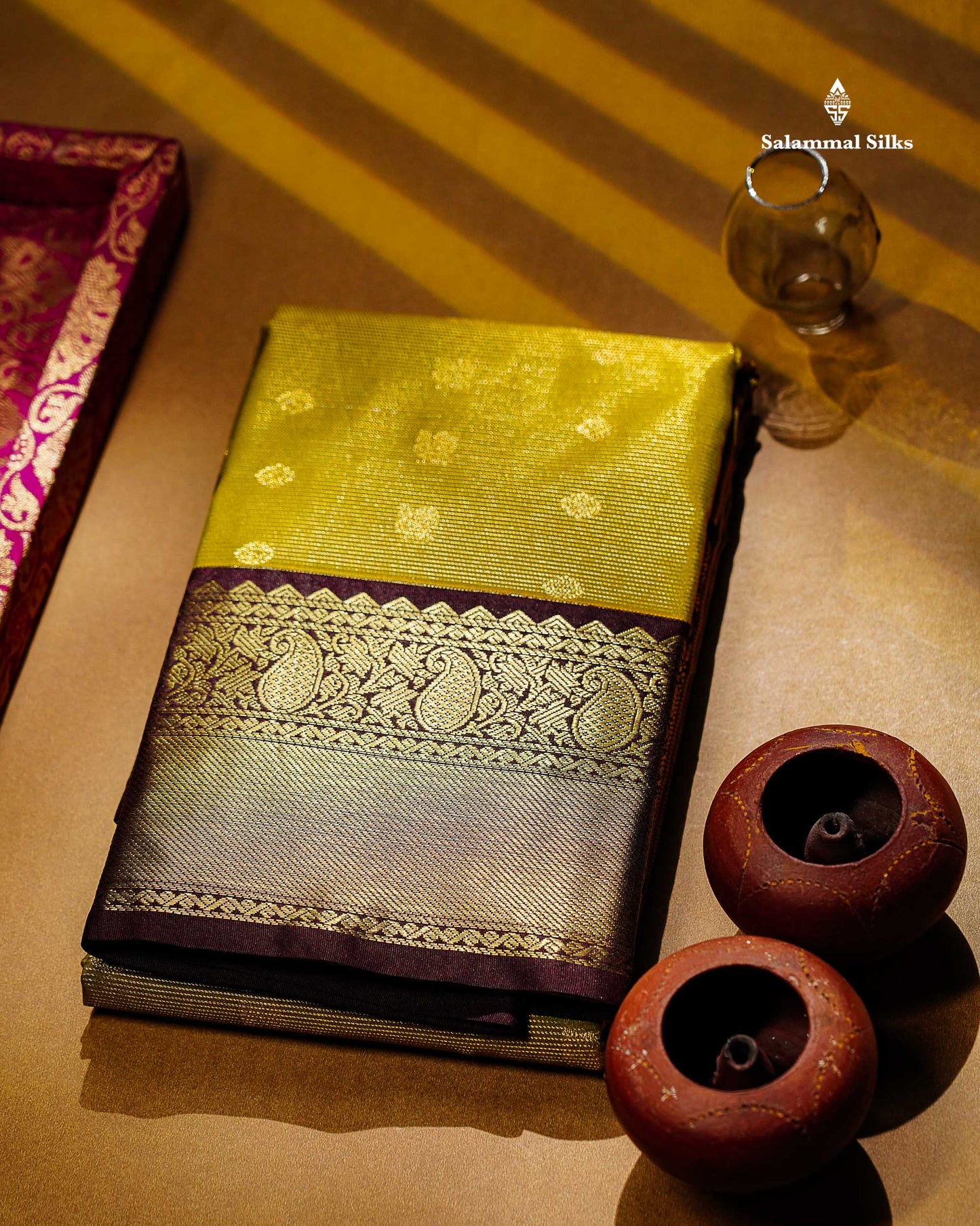 Semi Silk Saree - Olive Mustard Yellow Traditional Butta With Vaira Oosi Lines Along With Contrast Dark Brown Border