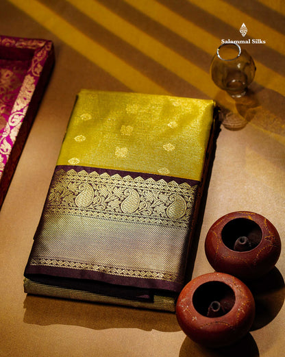 Semi Silk Saree - Olive Mustard Yellow Traditional Butta With Vaira Oosi Lines Along With Contrast Dark Brown Border