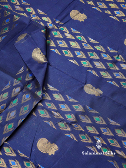 Beautiful Royal Blue Ikkat Semi Silk Fancy Saree With Vadamalli Blouse