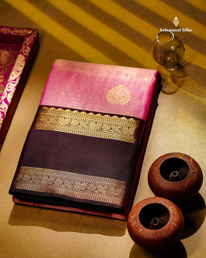 Onion Pink Alai Vaira Oosi Lines With Butta Semi Silk Saree With Contrast Dark Brown Traditional Gap Border