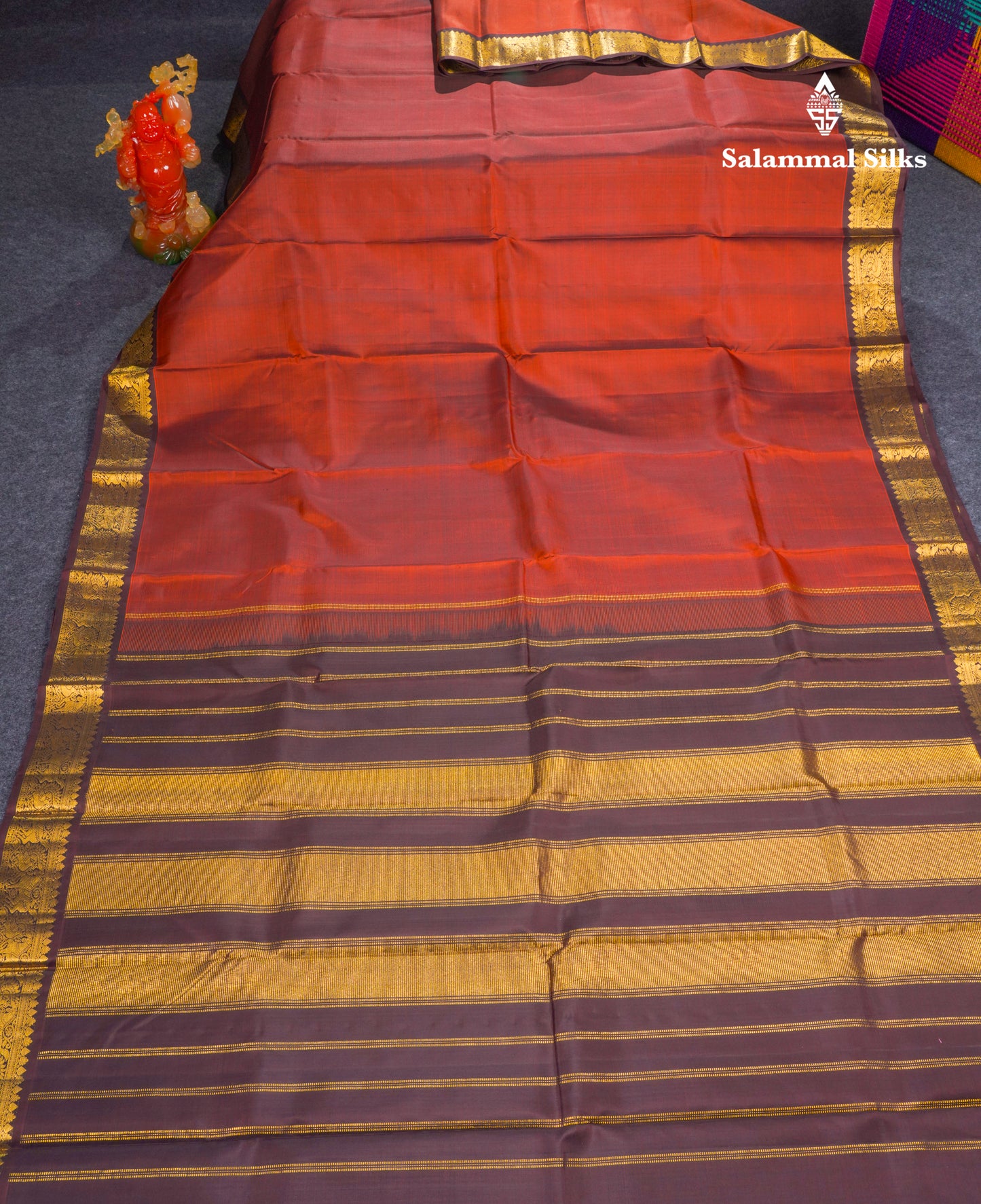 Beautiful Rust Orange Plain Pure Kanjivaram Silk Saree With Dark Brown Traditional Border