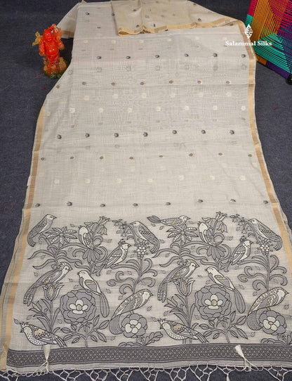 Cotton Mix Saree - Half White Colour Body With Small Ribbon Border 