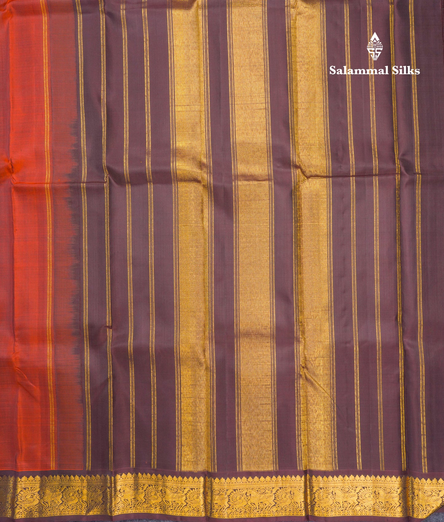 Beautiful Rust Orange Plain Pure Kanjivaram Silk Saree With Dark Brown Traditional Border