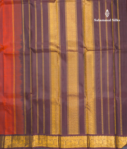 Beautiful Rust Orange Plain Pure Kanjivaram Silk Saree With Dark Brown Traditional Border
