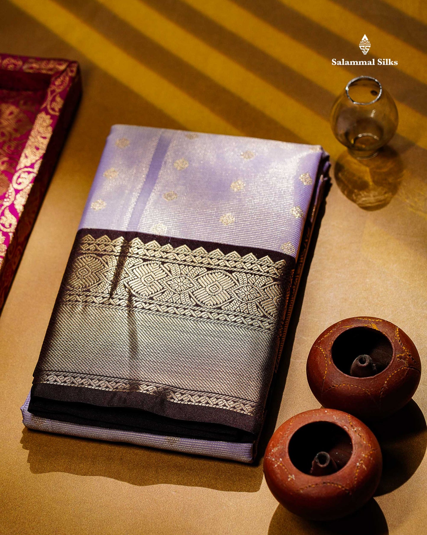 Semi Silk Saree - Mustard Yellow Butta With Vaira Oosi Lines Along With Contrast Dark Brown Traditional Border