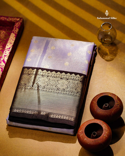 Semi Silk Saree - Mustard Yellow Butta With Vaira Oosi Lines Along With Contrast Dark Brown Traditional Border