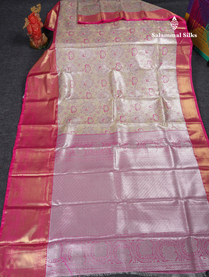 Beautiful Cream Sandal Tissue Semi Silk Saree With Contrast Pink Traditional Evening Morning Border