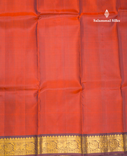 Beautiful Rust Orange Plain Pure Kanjivaram Silk Saree With Dark Brown Traditional Border