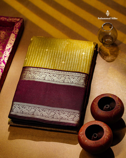 Semi Silk Saree - Mehandi Green Butta With Small Checks Along With Contrast Dark Maroon Traditional Gap Border