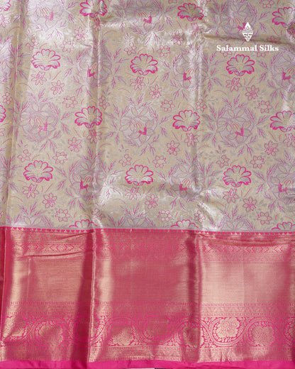 Beautiful Cream Sandal Tissue Semi Silk Saree With Contrast Pink Traditional Evening Morning Border