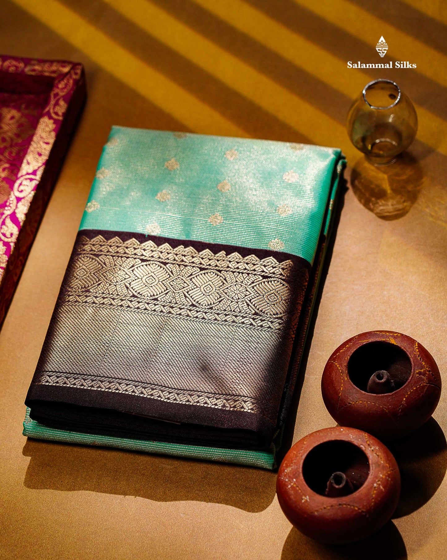 Semi Silk Saree - Mustard Yellow Butta With Vaira Oosi Lines Along With Contrast Dark Brown Traditional Border