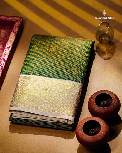 Semi Silk Saree - Bottle Green Mango Butta With Tiny Vaira Oosi Checks Along With Contrast Cream Sandal Traditional Border