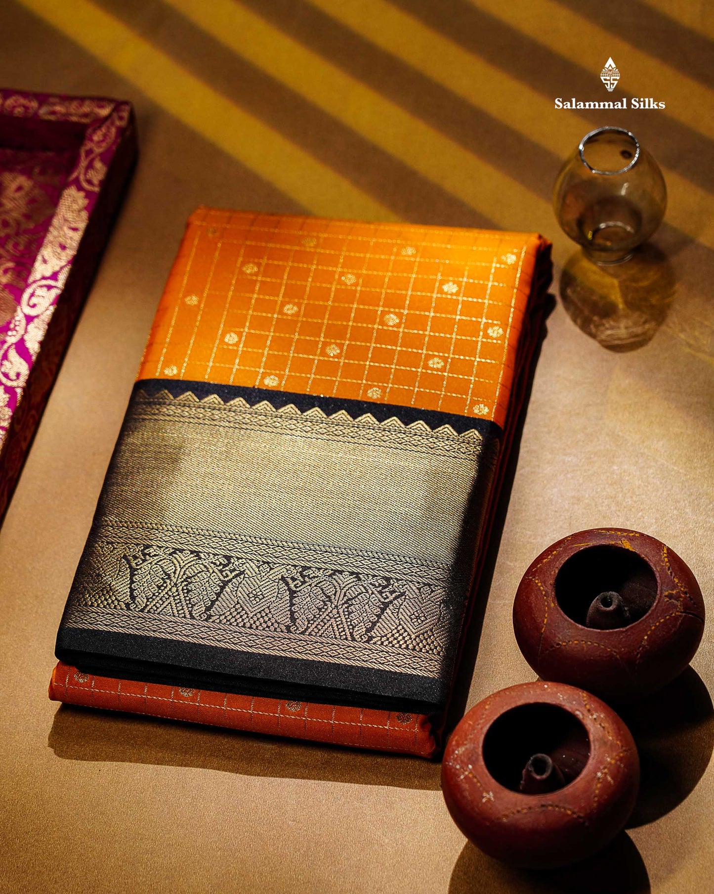 Semi Silk Saree - Mango Yellow Butta With Small Checks Along With Contrast Dark Brown Iruthala Pakshi Traditional Border