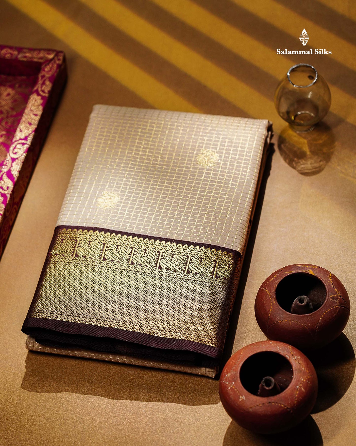 Beige Small Checks With Butta Semi Silk Saree With Contrast Dark Brown Traditional Border