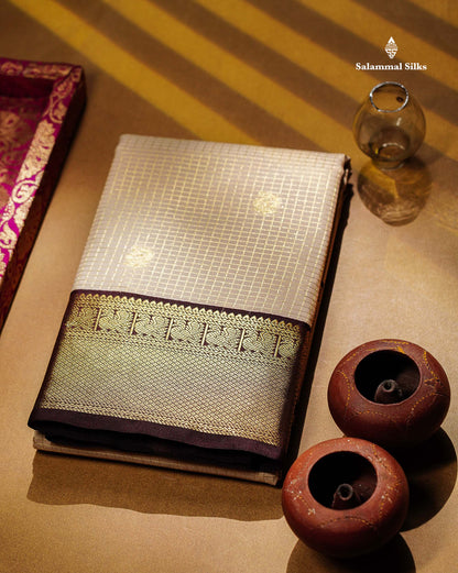 Beige Small Checks With Butta Semi Silk Saree With Contrast Dark Brown Traditional Border