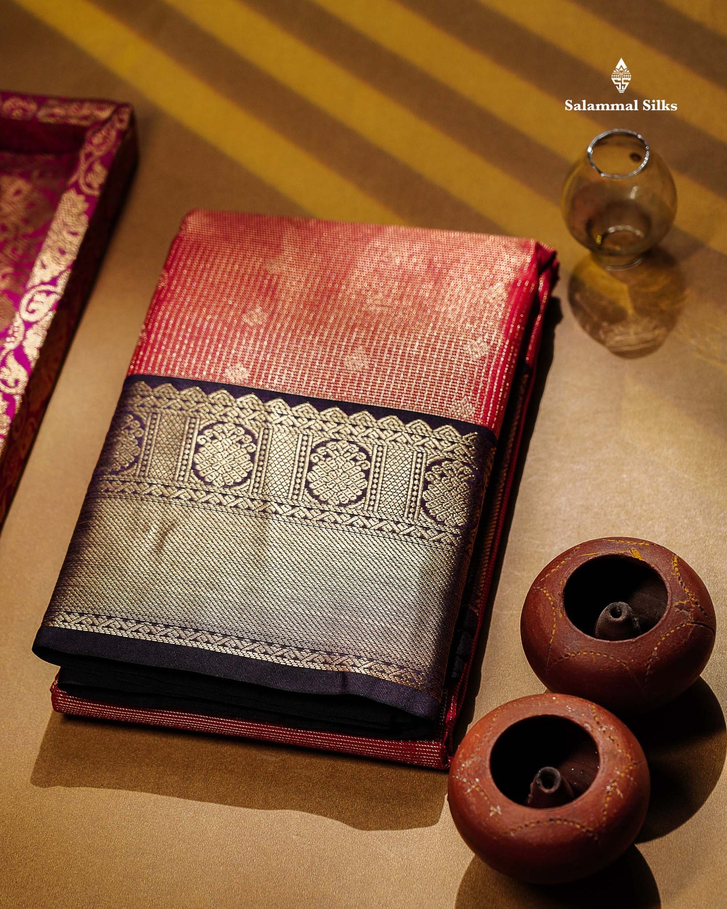 Semi Silk Saree - Orange Butta With Vaira Oosi Tiny Checks Along With Contrast Dark Purple Border