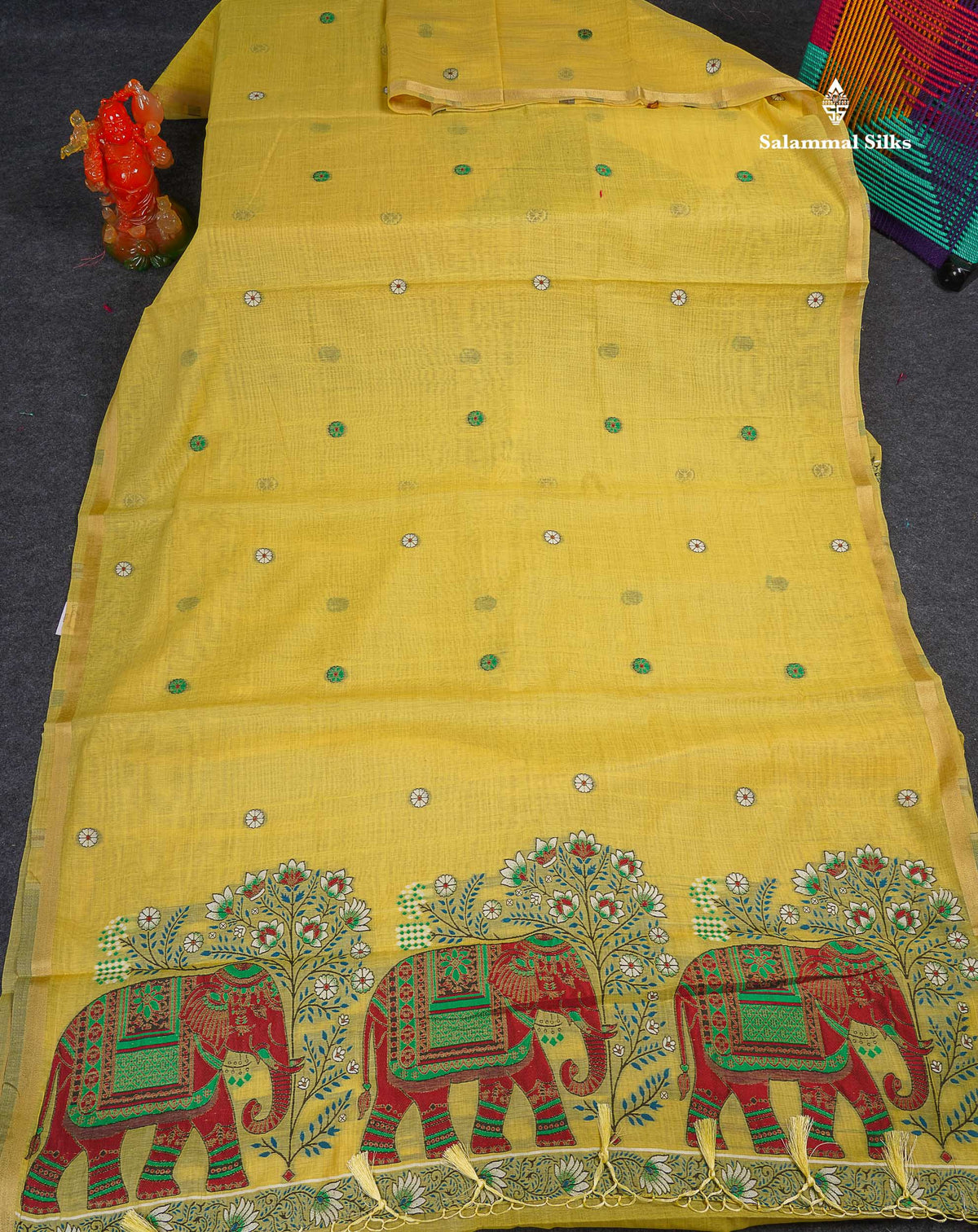 Cotton Mix Saree - Light Yellow Colour Body & Thread Work Buttas With Blouse