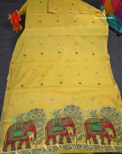 Cotton Mix Saree - Light Yellow Colour Body & Thread Work Buttas With Blouse