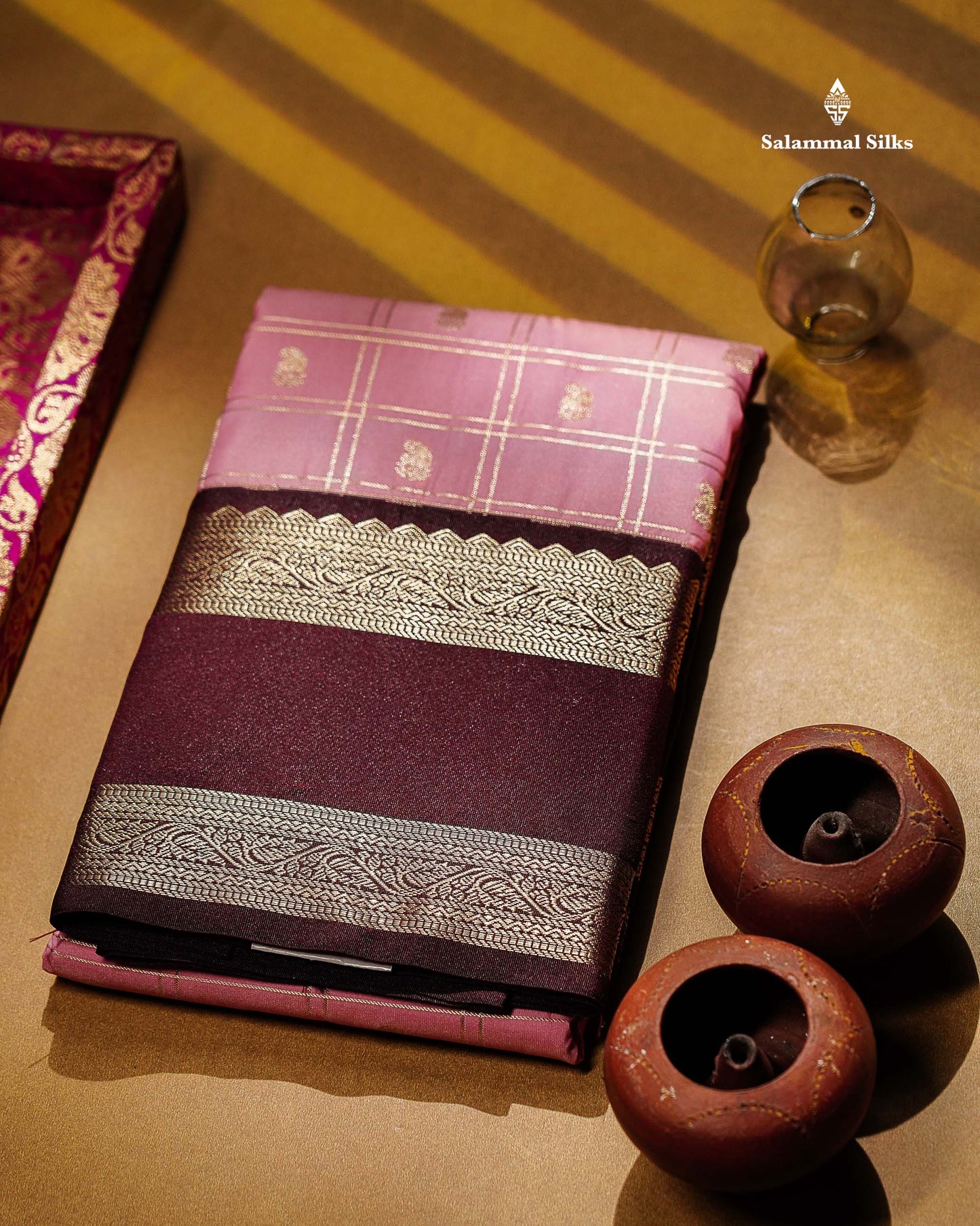 Semi Silk Saree - Onion Pink Mango Butta With Checks Along With Contrast Dark Brown Traditional Gap Border