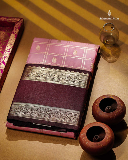 Semi Silk Saree - Onion Pink Mango Butta With Checks Along With Contrast Dark Brown Traditional Gap Border